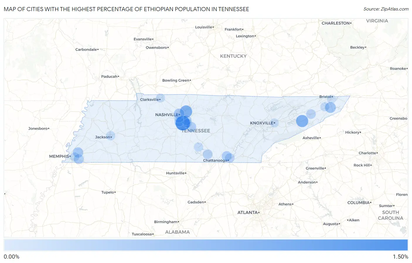 Cities with the Highest Percentage of Ethiopian Population in Tennessee Map