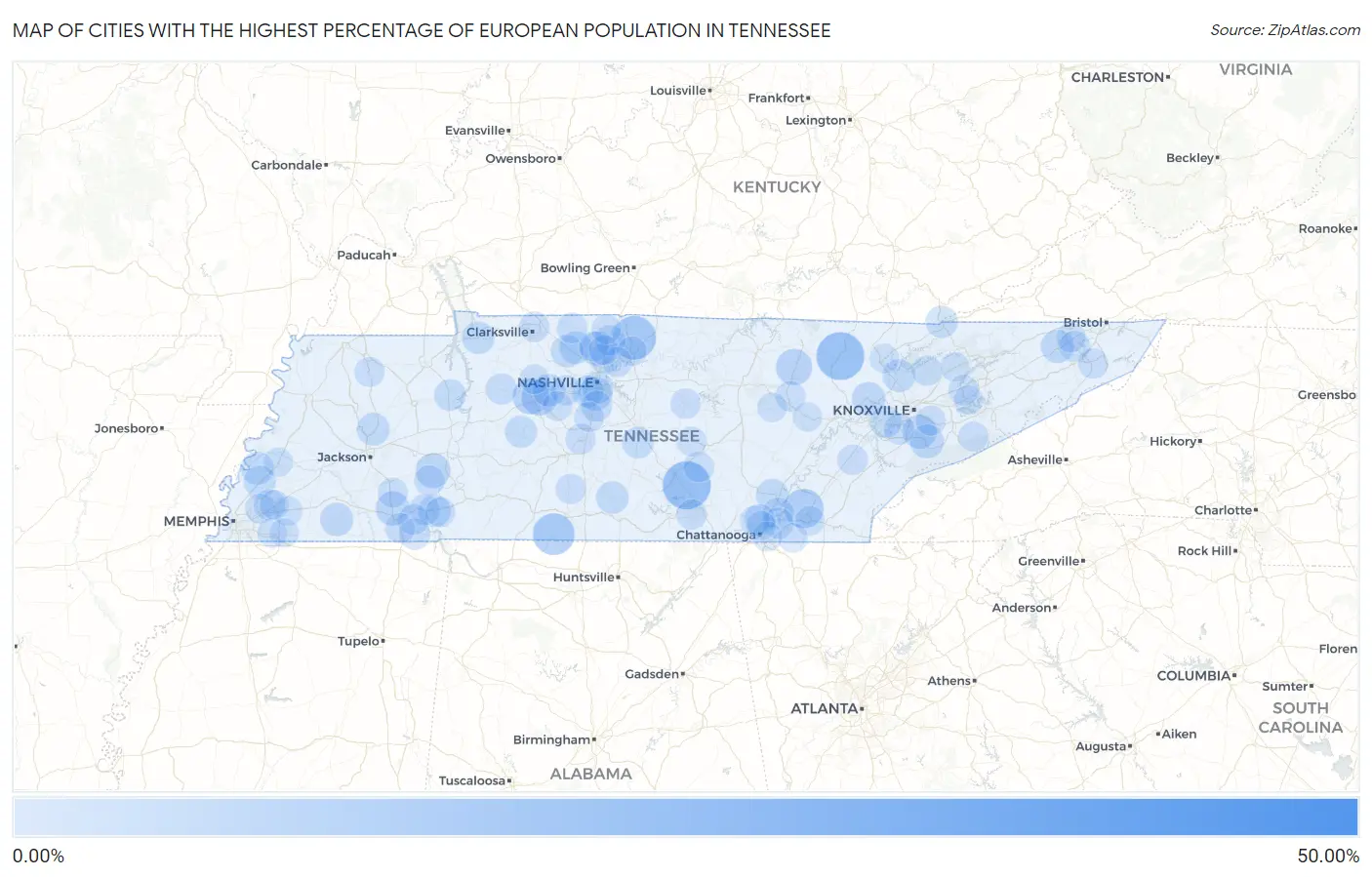 Cities with the Highest Percentage of European Population in Tennessee Map