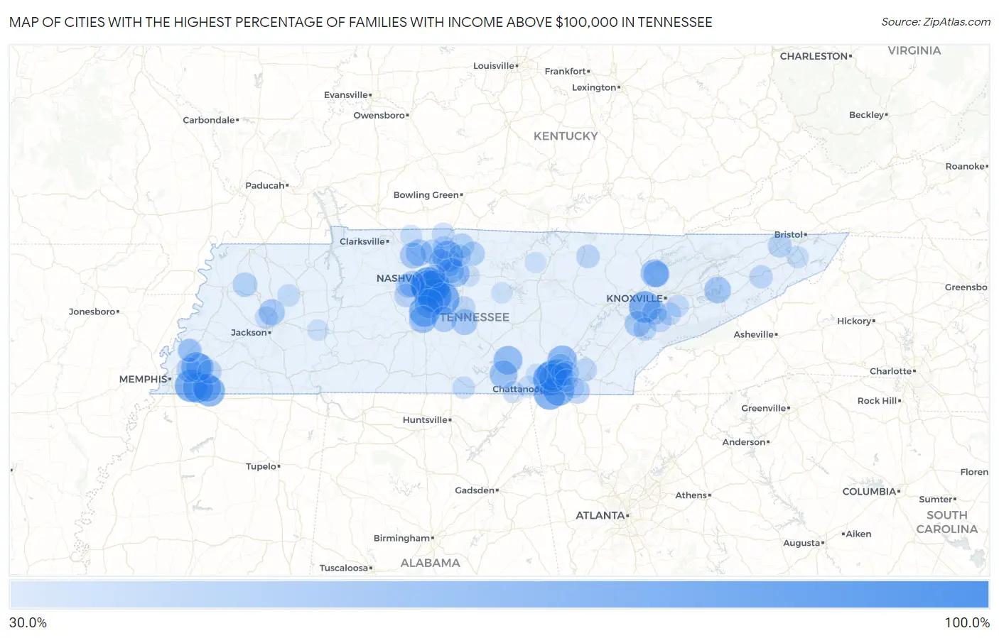 Cities with the Highest Percentage of Families with Income Above $100,000 in Tennessee Map