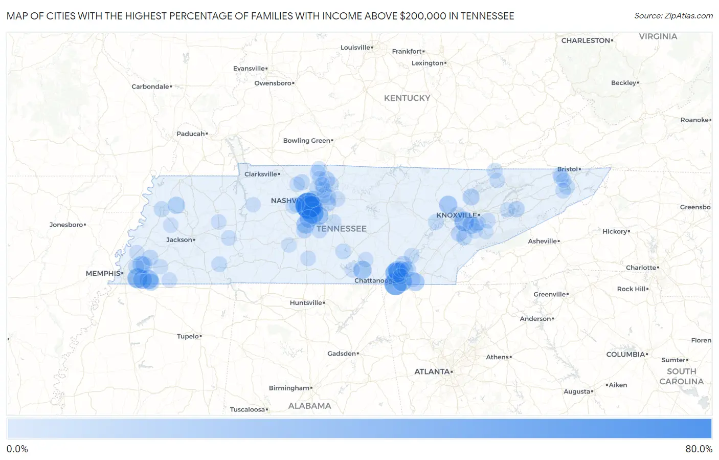Cities with the Highest Percentage of Families with Income Above $200,000 in Tennessee Map