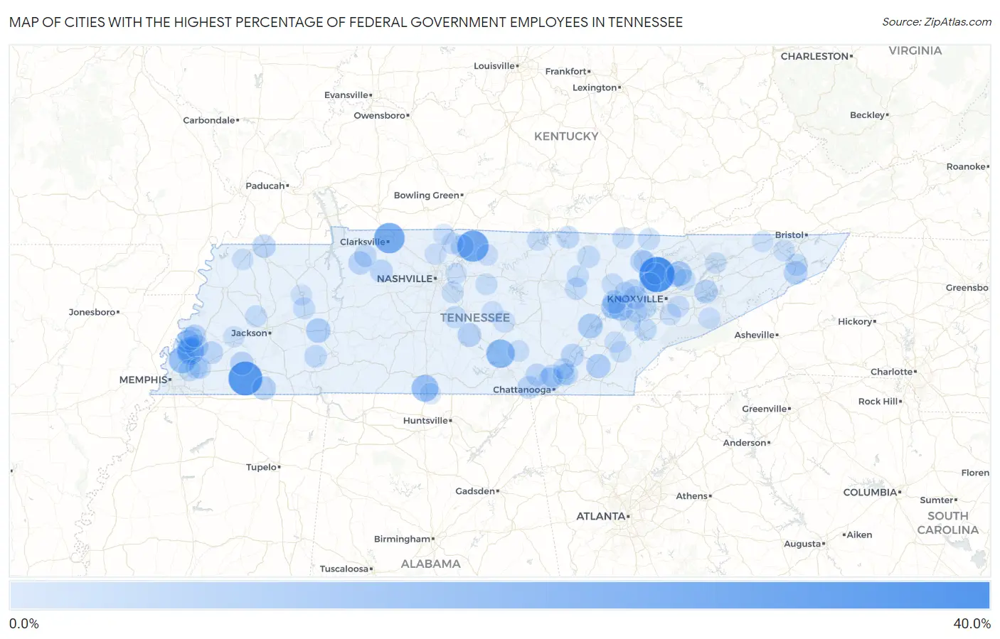 Cities with the Highest Percentage of Federal Government Employees in Tennessee Map