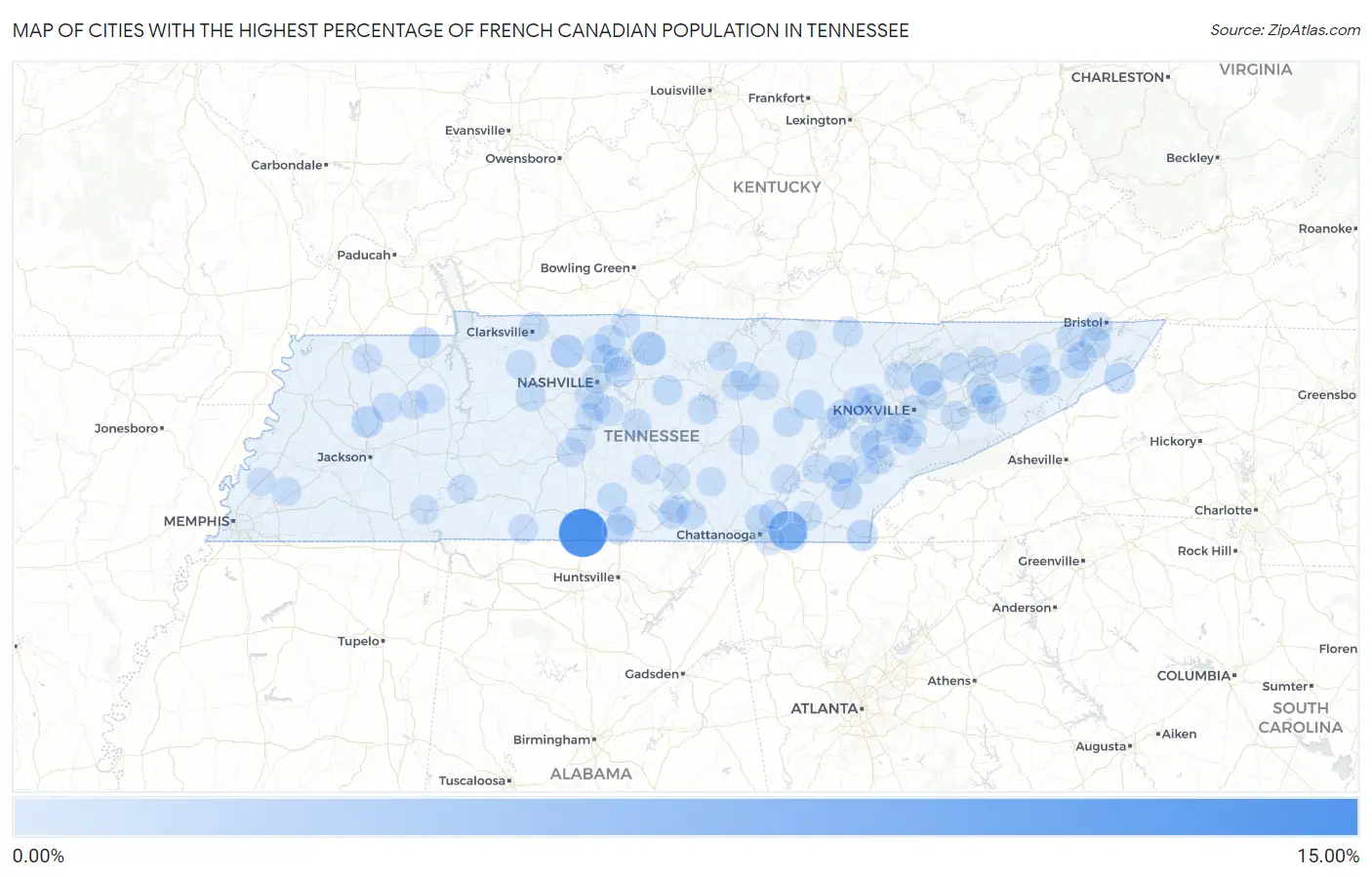 Cities with the Highest Percentage of French Canadian Population in Tennessee Map
