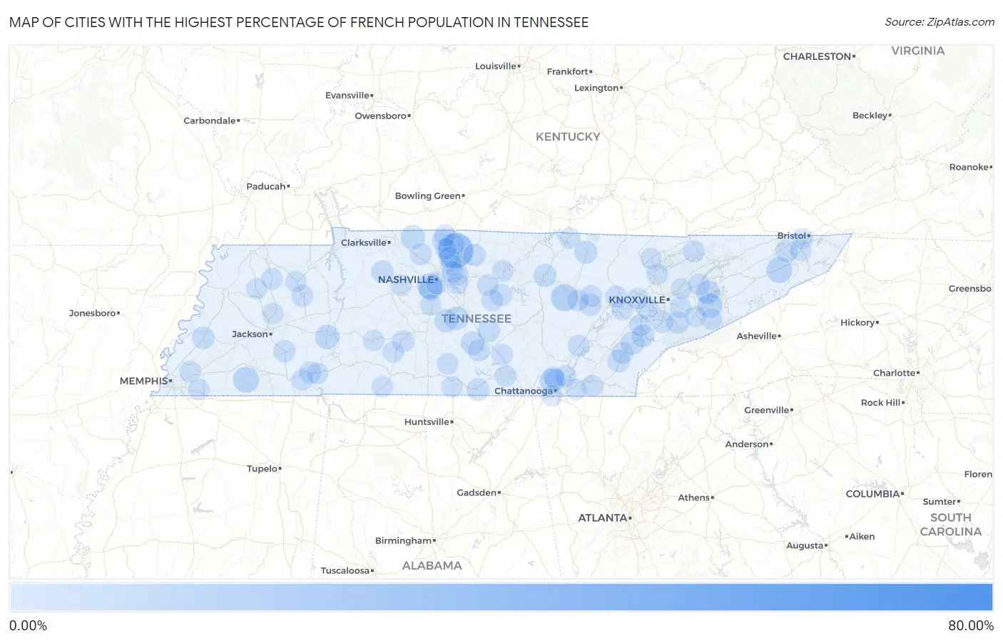 Cities with the Highest Percentage of French Population in Tennessee Map