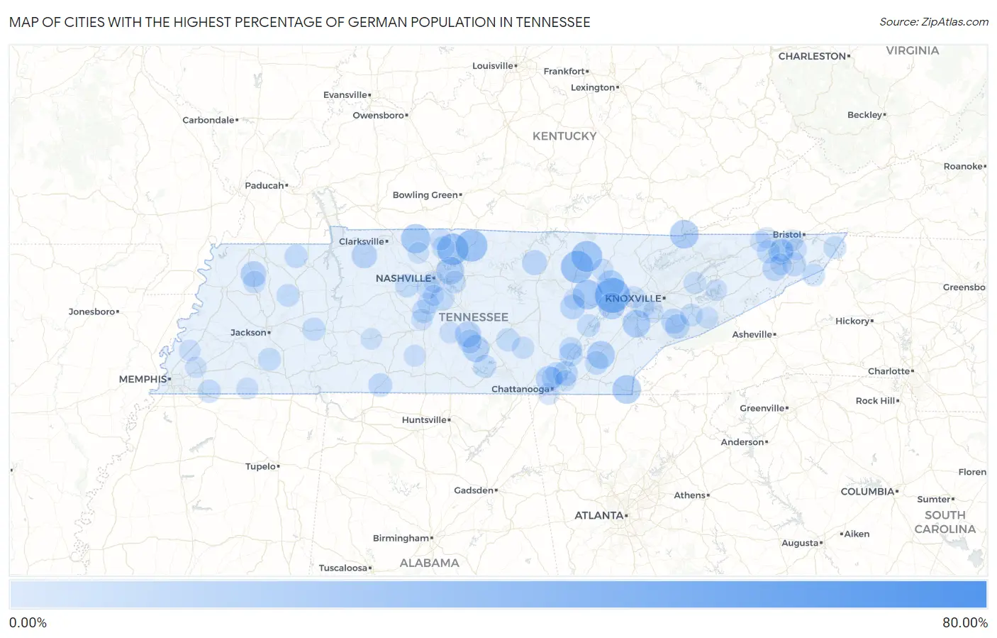 Cities with the Highest Percentage of German Population in Tennessee Map