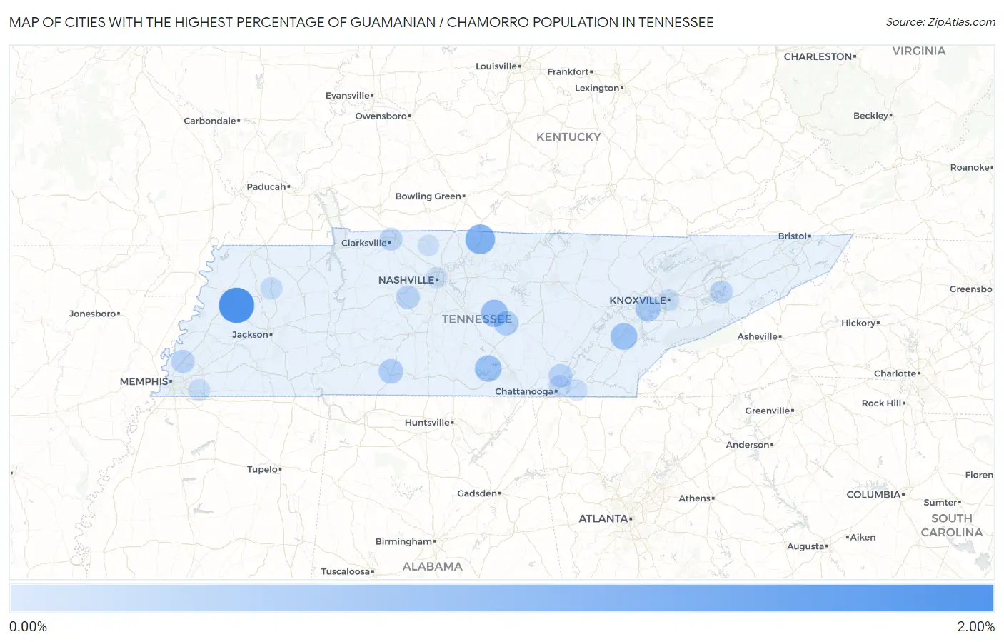 Cities with the Highest Percentage of Guamanian / Chamorro Population in Tennessee Map