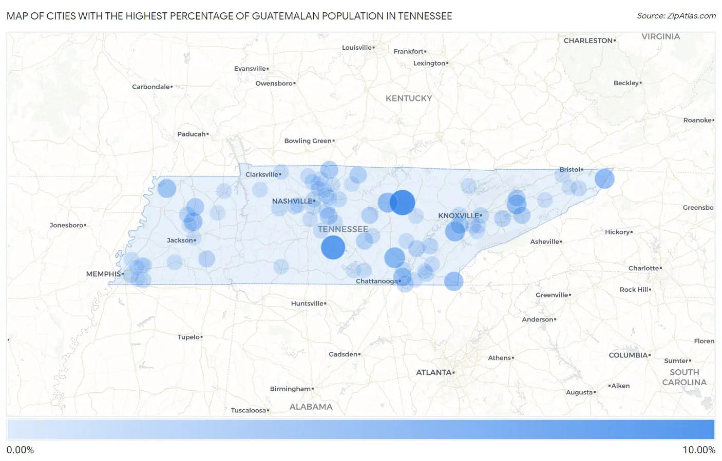 Cities with the Highest Percentage of Guatemalan Population in Tennessee Map
