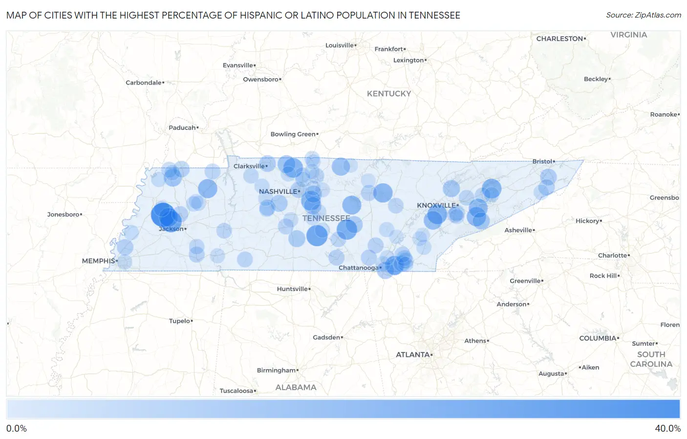 Cities with the Highest Percentage of Hispanic or Latino Population in Tennessee Map
