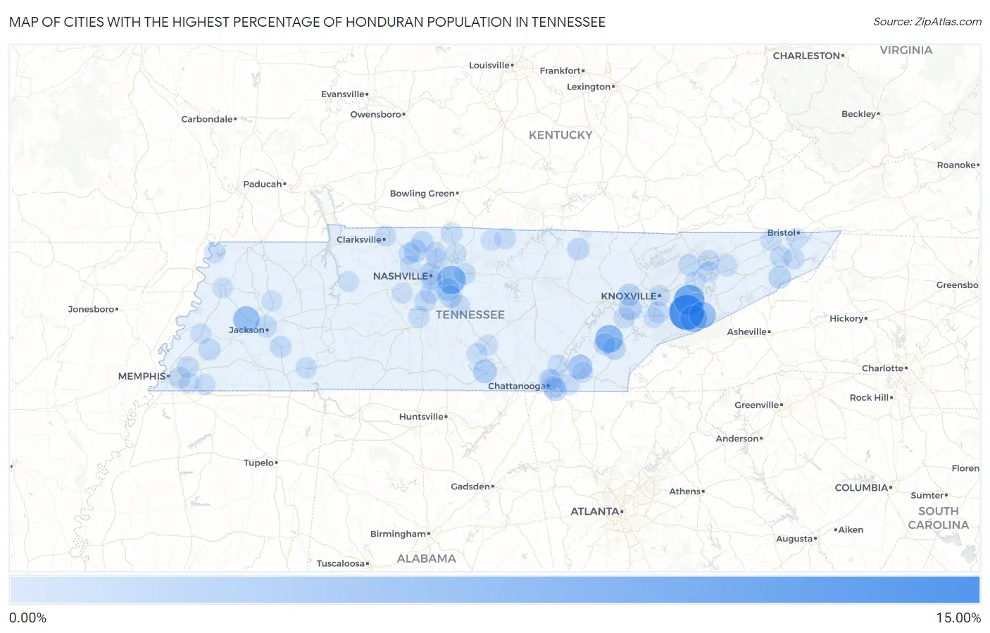Cities with the Highest Percentage of Honduran Population in Tennessee Map