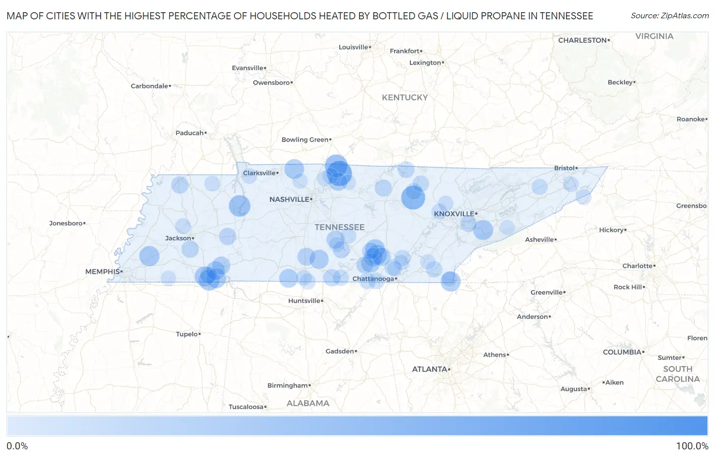 Cities with the Highest Percentage of Households Heated by Bottled Gas / Liquid Propane in Tennessee Map