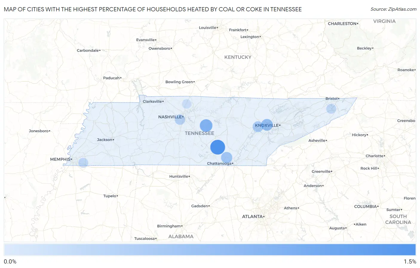 Cities with the Highest Percentage of Households Heated by Coal or Coke in Tennessee Map