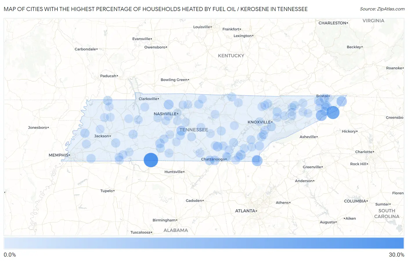Cities with the Highest Percentage of Households Heated by Fuel Oil / Kerosene in Tennessee Map