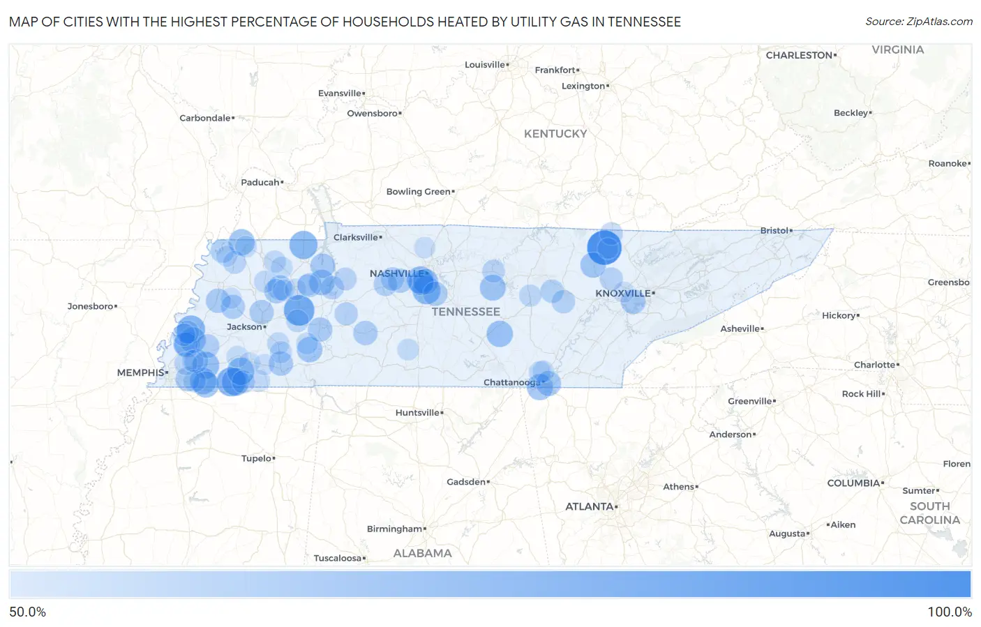 Cities with the Highest Percentage of Households Heated by Utility Gas in Tennessee Map