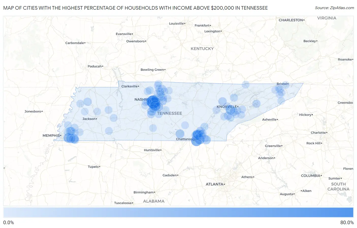 Cities with the Highest Percentage of Households with Income Above $200,000 in Tennessee Map