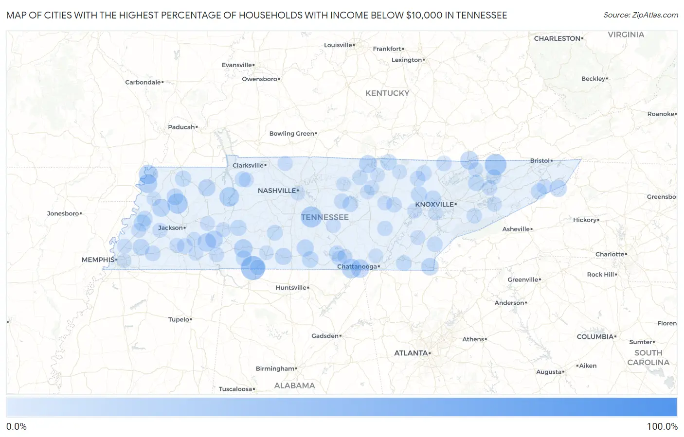 Cities with the Highest Percentage of Households with Income Below $10,000 in Tennessee Map