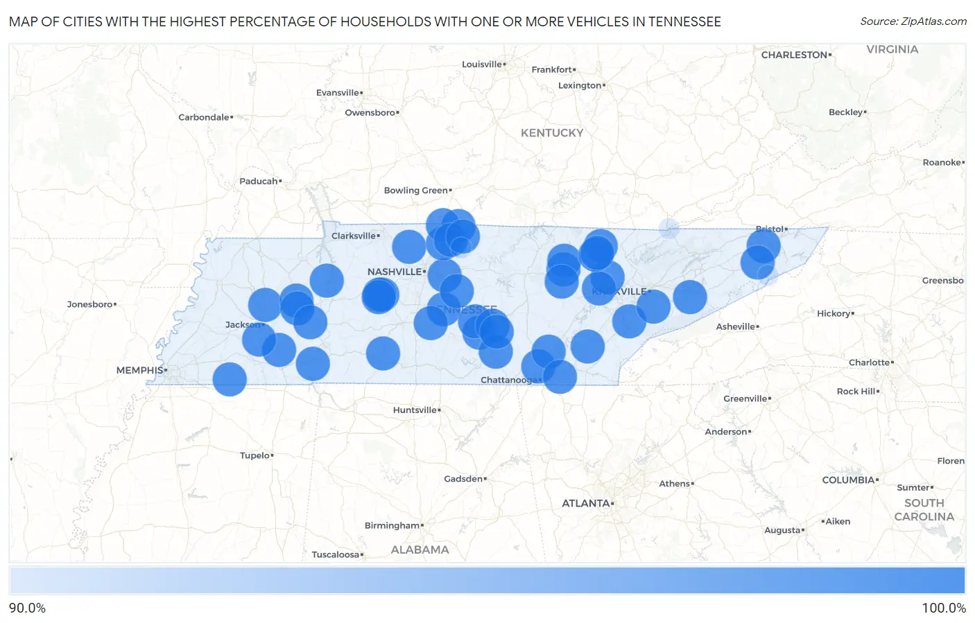Cities with the Highest Percentage of Households With One or more Vehicles in Tennessee Map