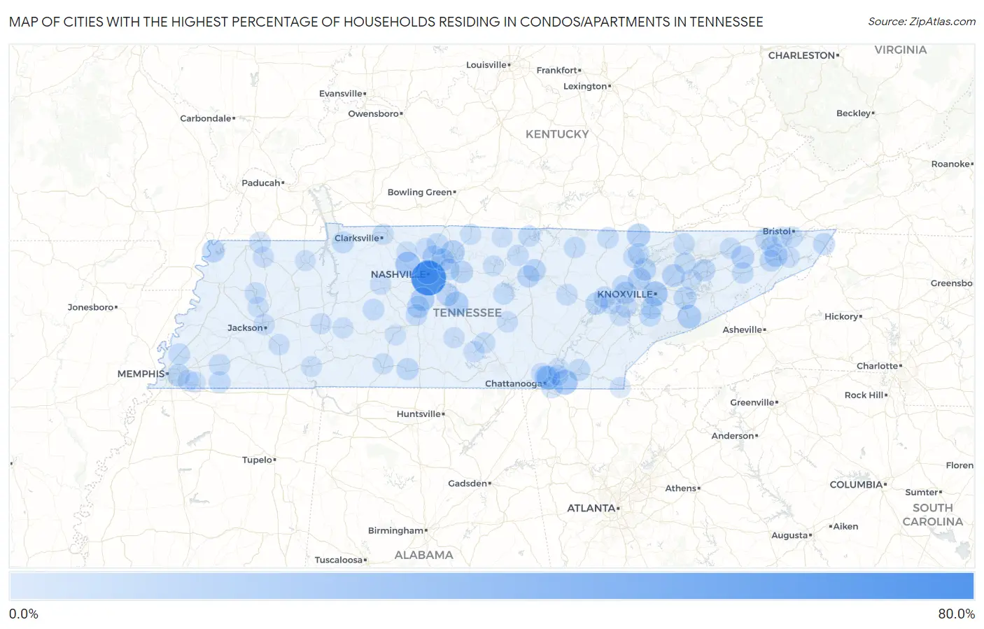 Cities with the Highest Percentage of Households Residing in Condos/Apartments in Tennessee Map