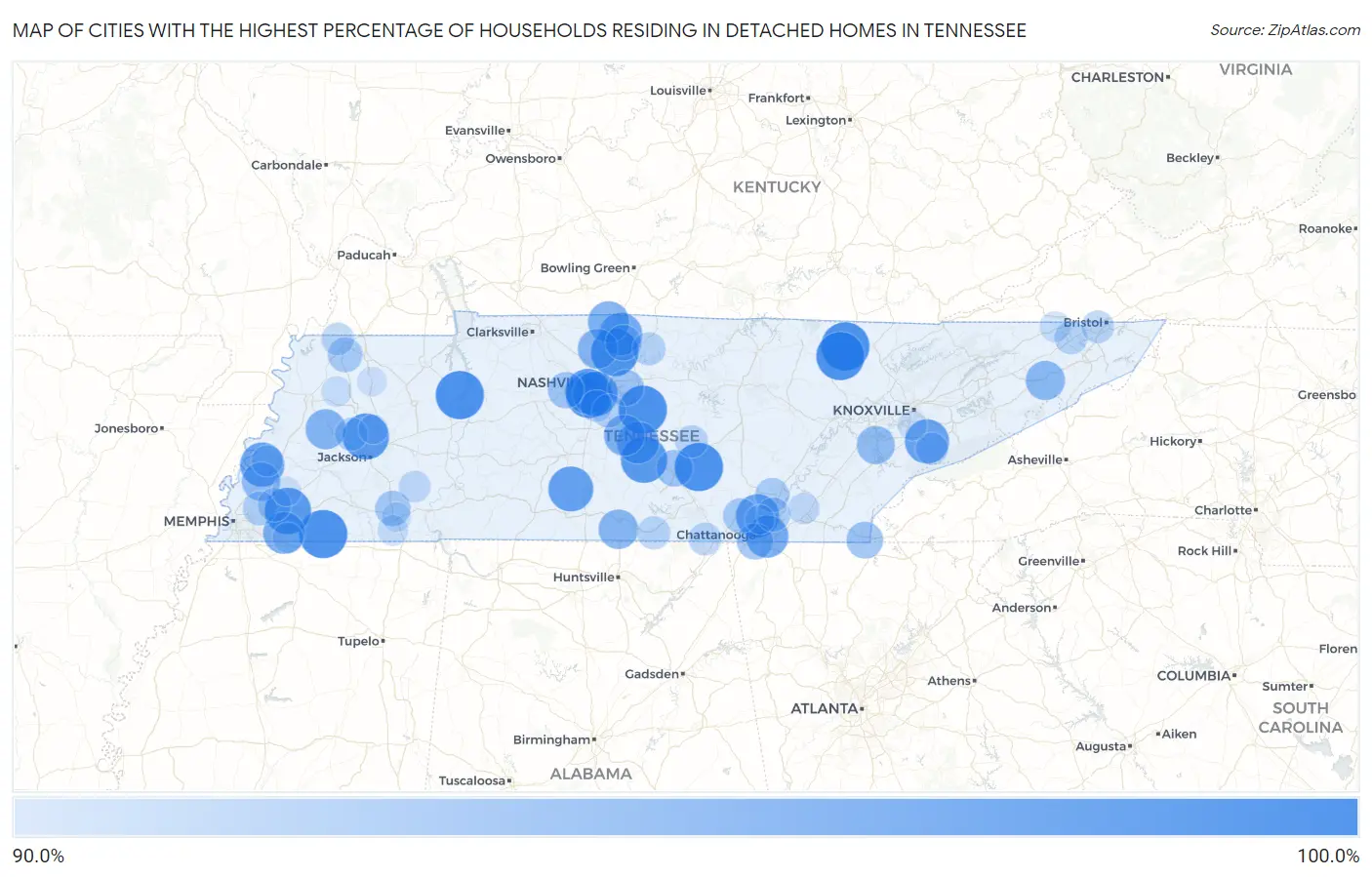 Cities with the Highest Percentage of Households Residing in Detached Homes in Tennessee Map