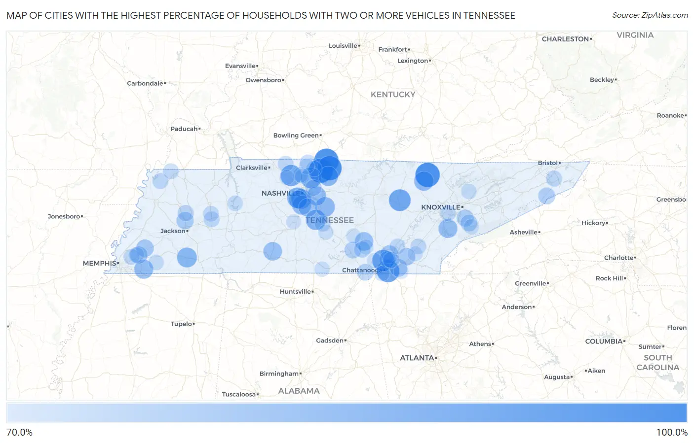 Cities with the Highest Percentage of Households With Two or more Vehicles in Tennessee Map