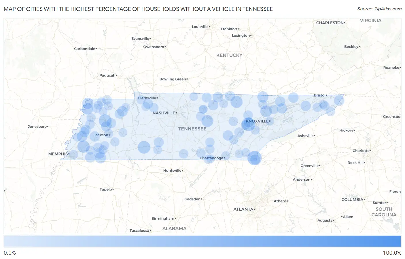Cities with the Highest Percentage of Households Without a Vehicle in Tennessee Map