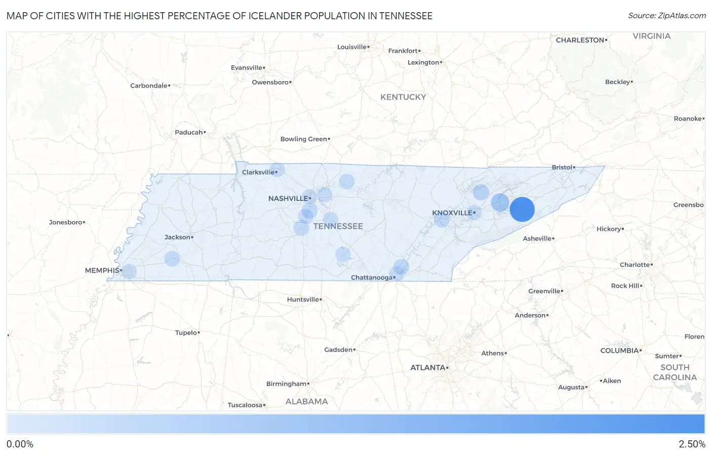 Cities with the Highest Percentage of Icelander Population in Tennessee Map