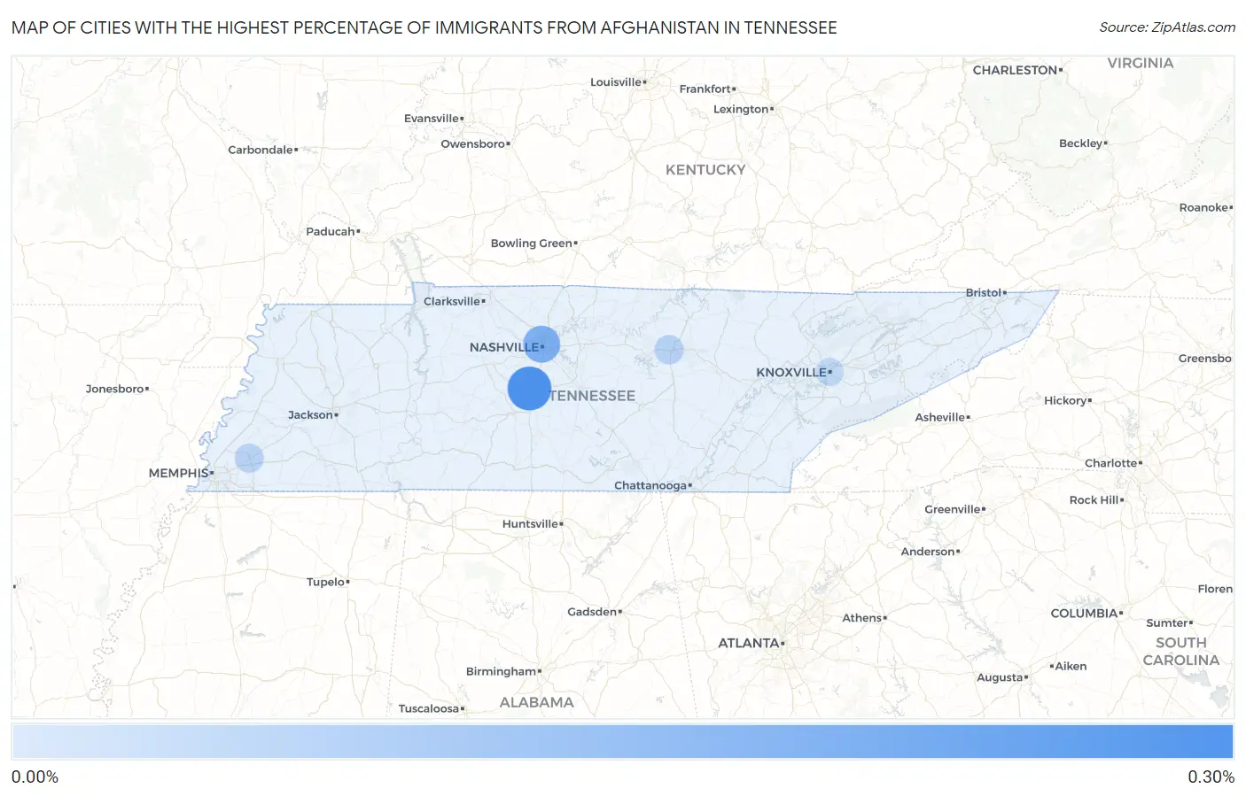Cities with the Highest Percentage of Immigrants from Afghanistan in Tennessee Map