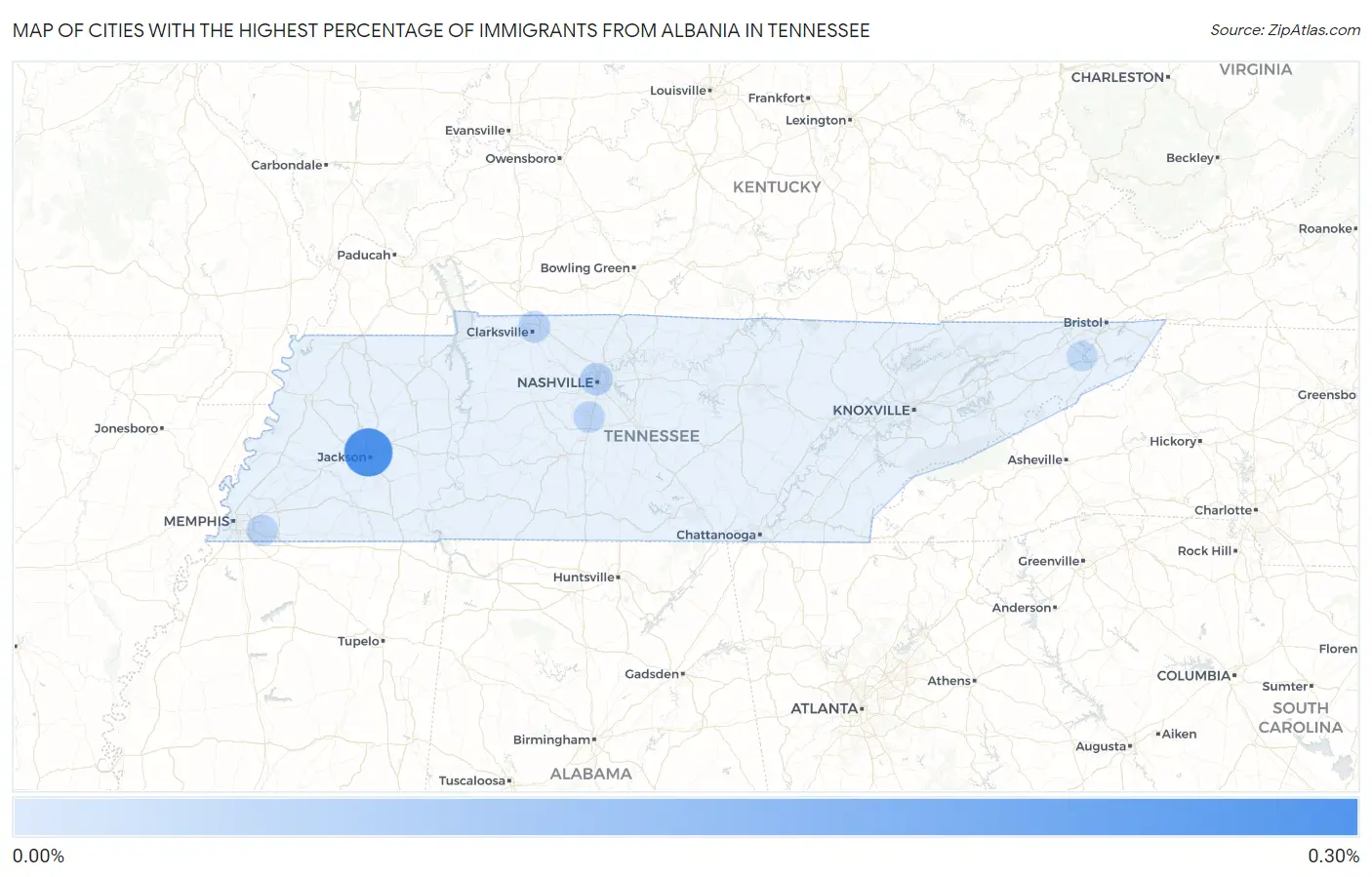 Cities with the Highest Percentage of Immigrants from Albania in Tennessee Map