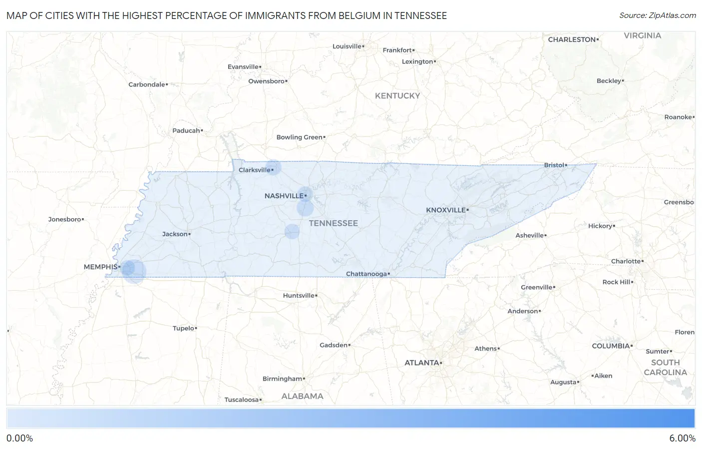 Cities with the Highest Percentage of Immigrants from Belgium in Tennessee Map