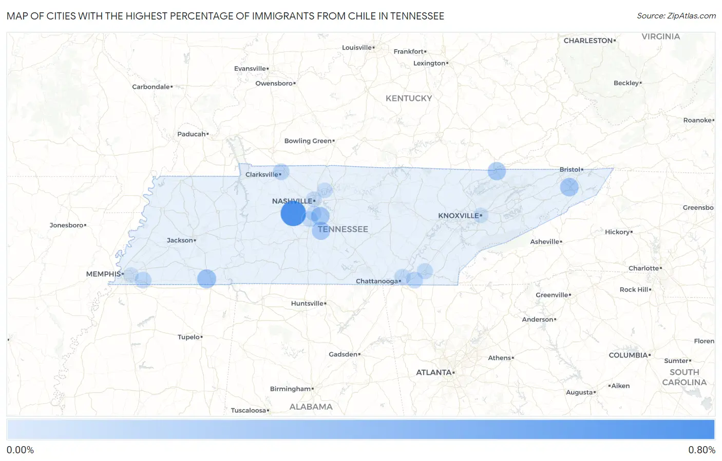 Cities with the Highest Percentage of Immigrants from Chile in Tennessee Map