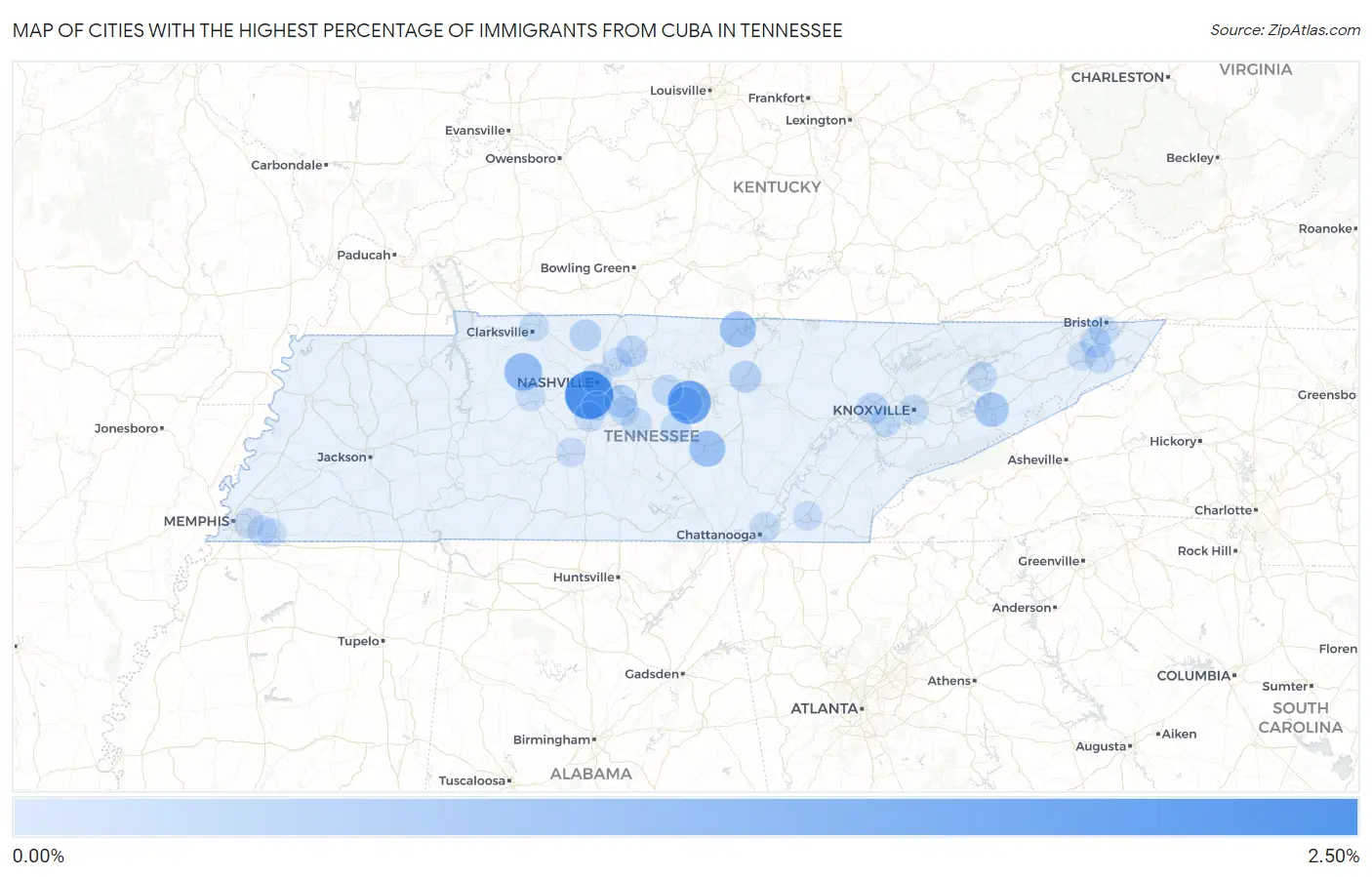Cities with the Highest Percentage of Immigrants from Cuba in Tennessee Map