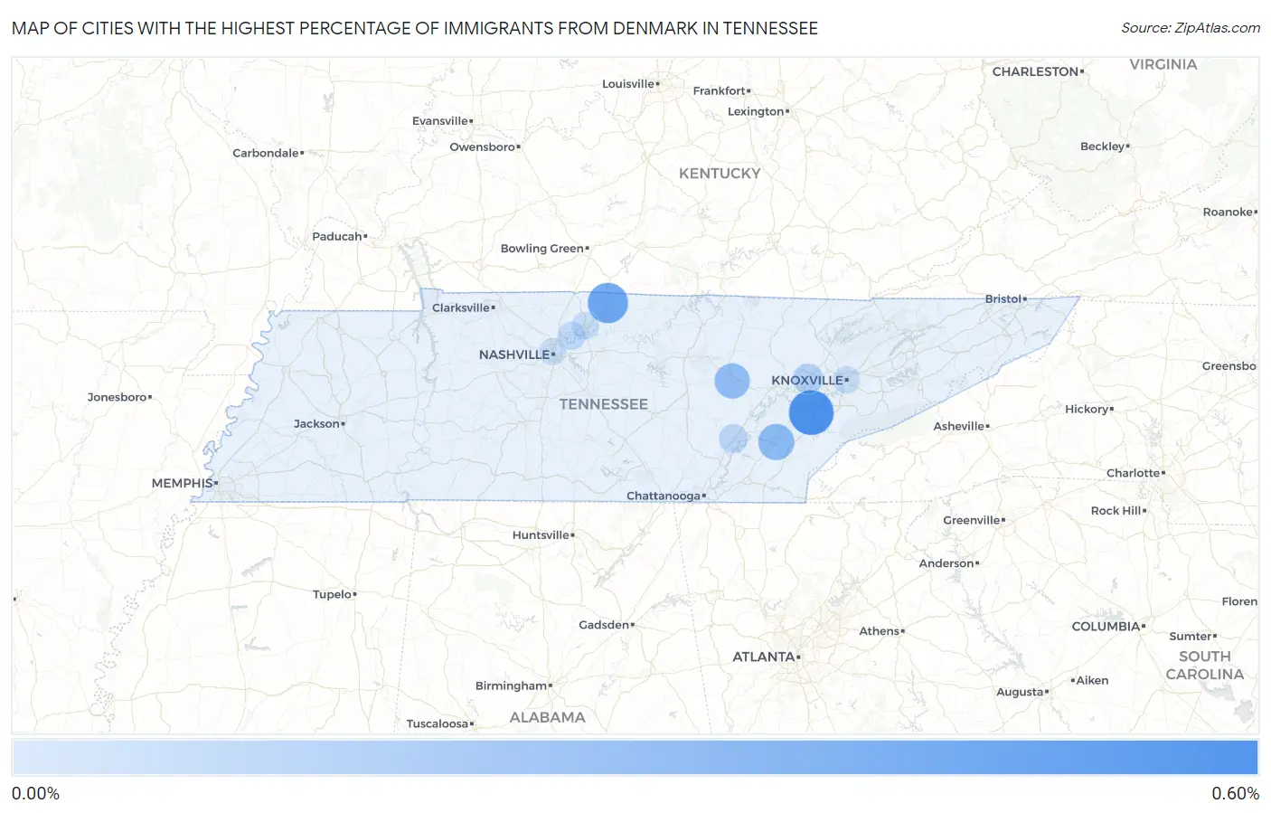 Cities with the Highest Percentage of Immigrants from Denmark in Tennessee Map