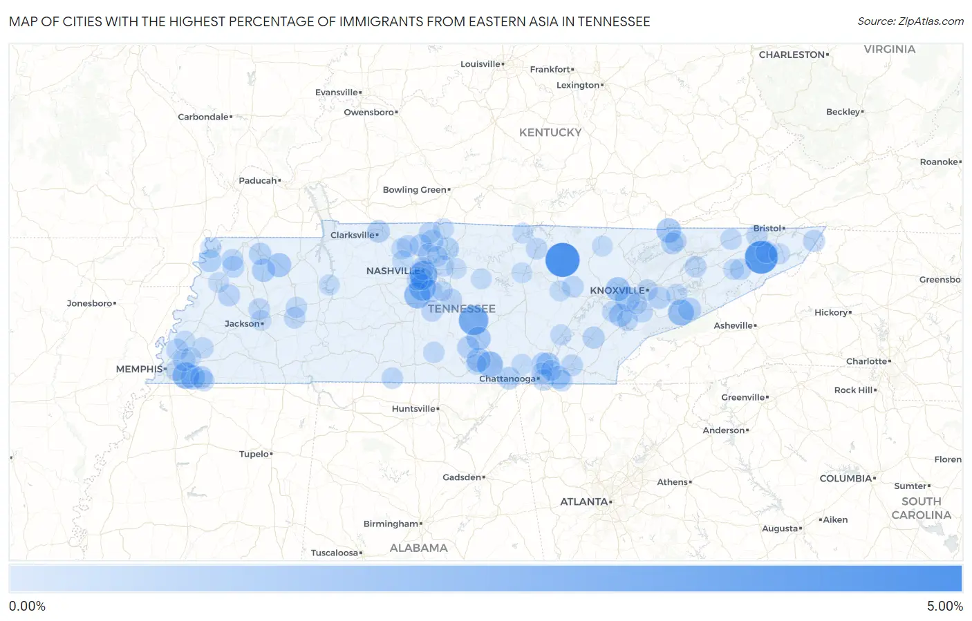 Cities with the Highest Percentage of Immigrants from Eastern Asia in Tennessee Map