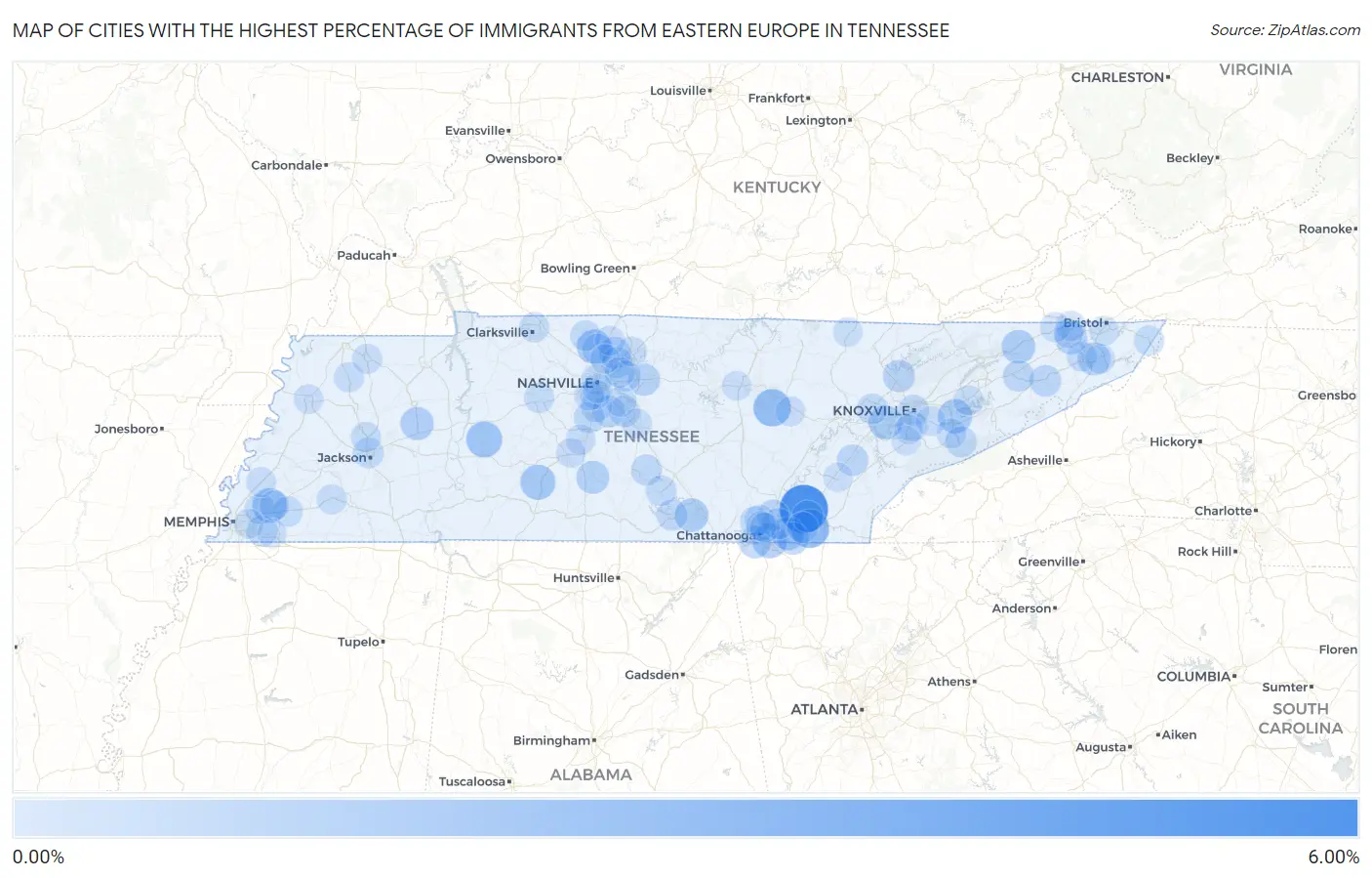 Cities with the Highest Percentage of Immigrants from Eastern Europe in Tennessee Map