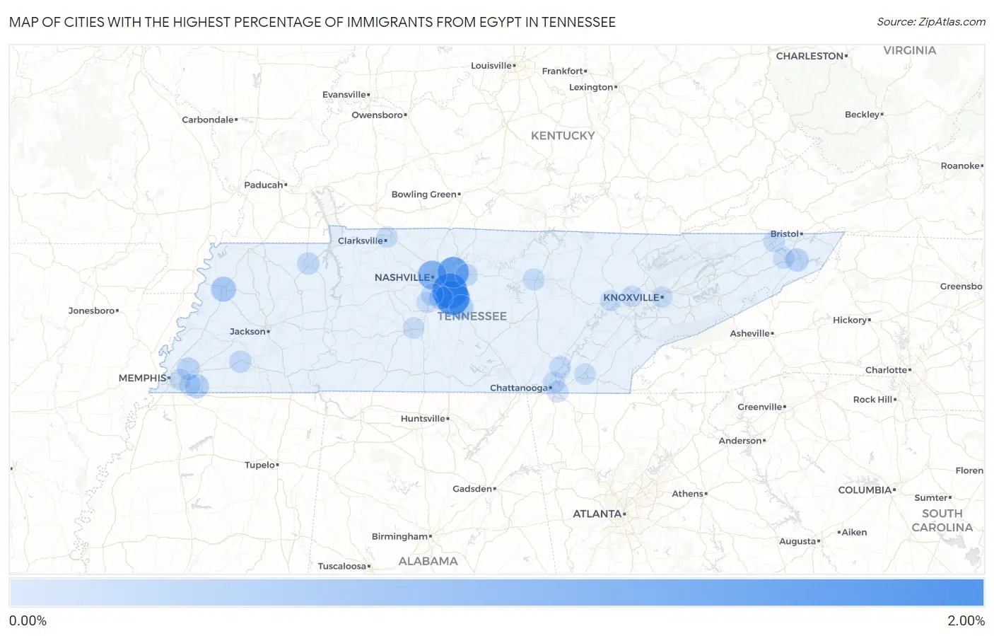 Cities with the Highest Percentage of Immigrants from Egypt in Tennessee Map