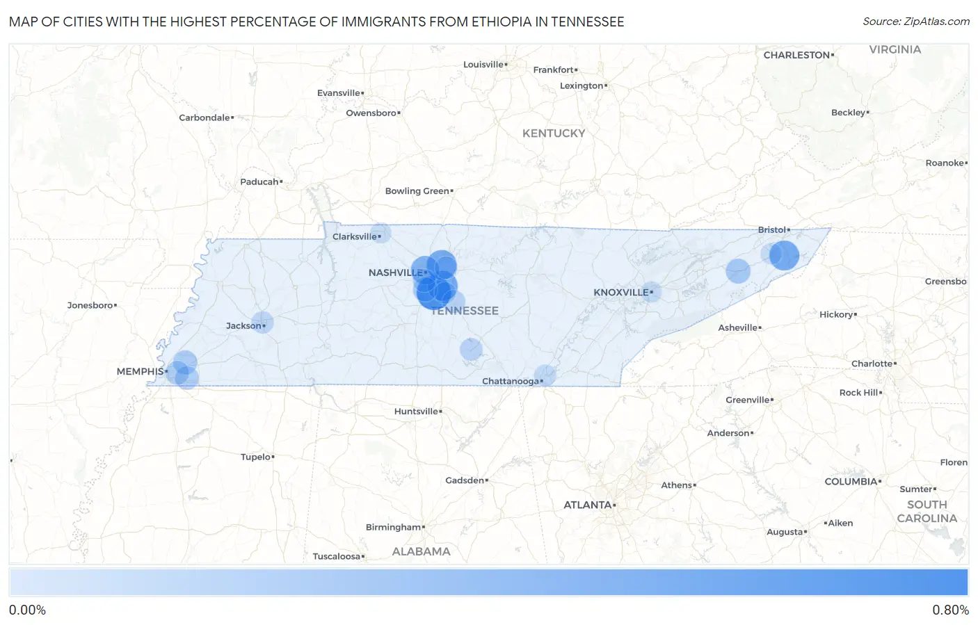 Cities with the Highest Percentage of Immigrants from Ethiopia in Tennessee Map