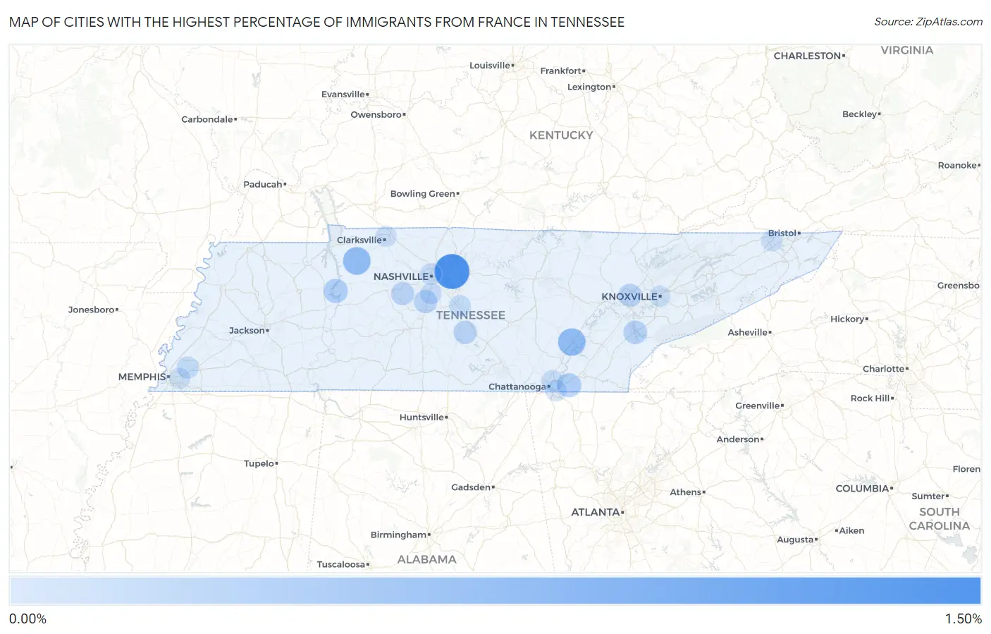 Cities with the Highest Percentage of Immigrants from France in Tennessee Map