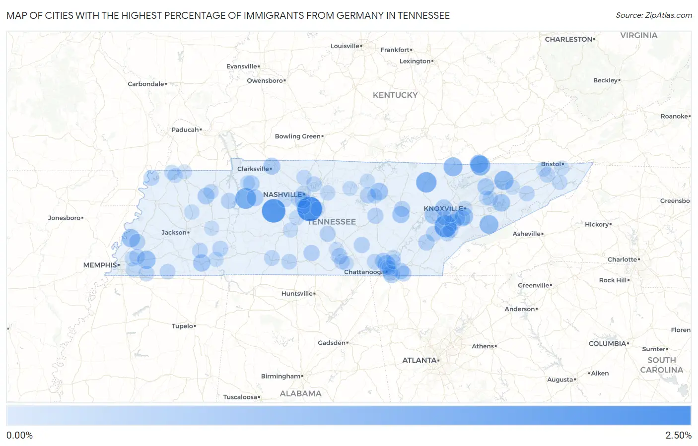 Cities with the Highest Percentage of Immigrants from Germany in Tennessee Map