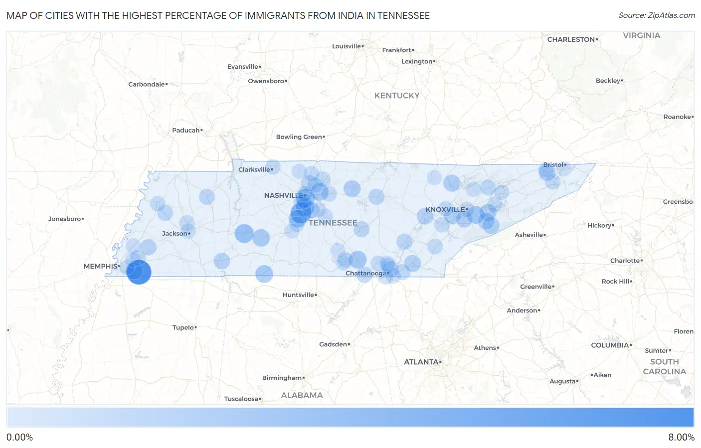 Cities with the Highest Percentage of Immigrants from India in Tennessee Map