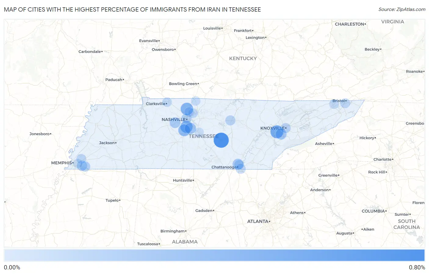 Cities with the Highest Percentage of Immigrants from Iran in Tennessee Map
