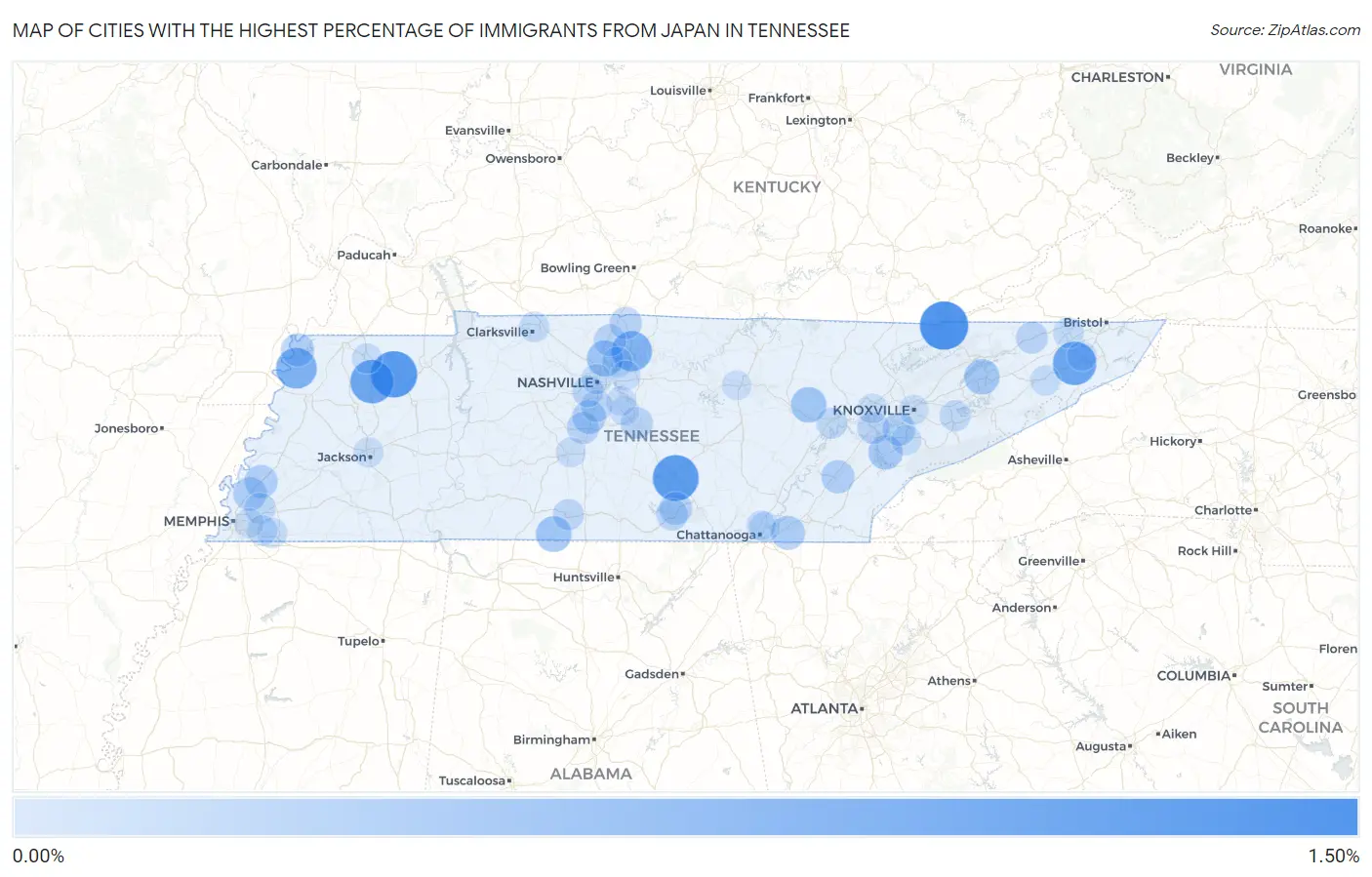 Cities with the Highest Percentage of Immigrants from Japan in Tennessee Map