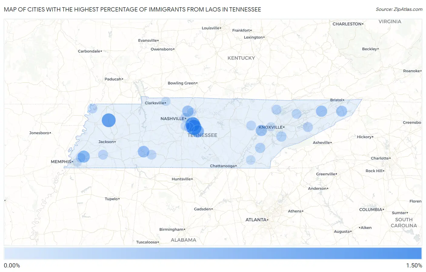 Cities with the Highest Percentage of Immigrants from Laos in Tennessee Map