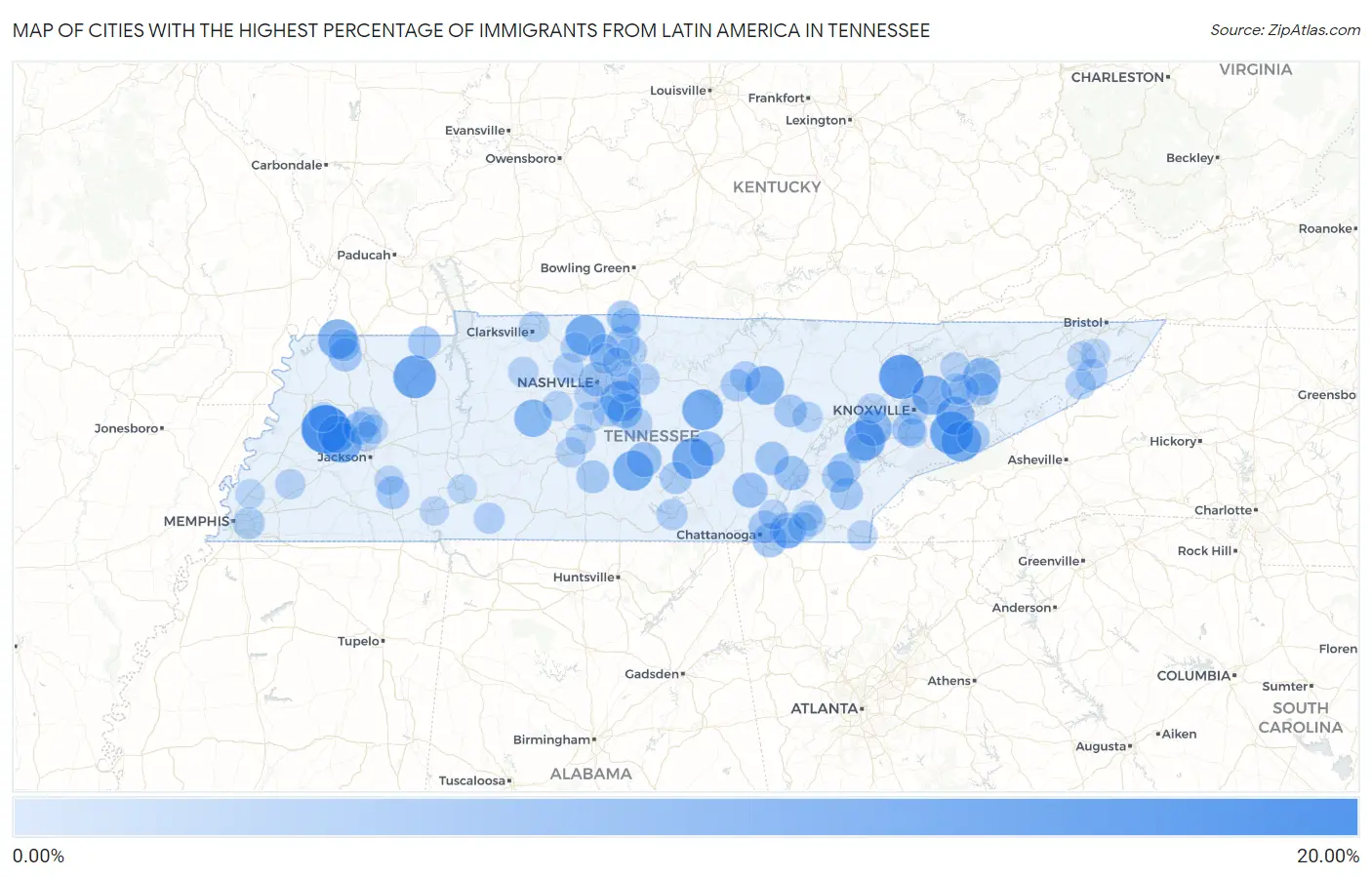Cities with the Highest Percentage of Immigrants from Latin America in Tennessee Map