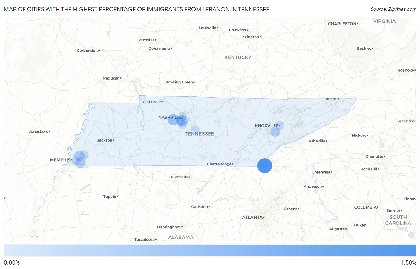 Cities with the Highest Percentage of Immigrants from Lebanon in Tennessee Map