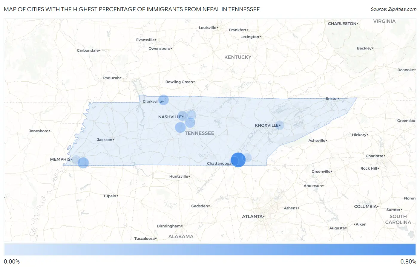 Cities with the Highest Percentage of Immigrants from Nepal in Tennessee Map