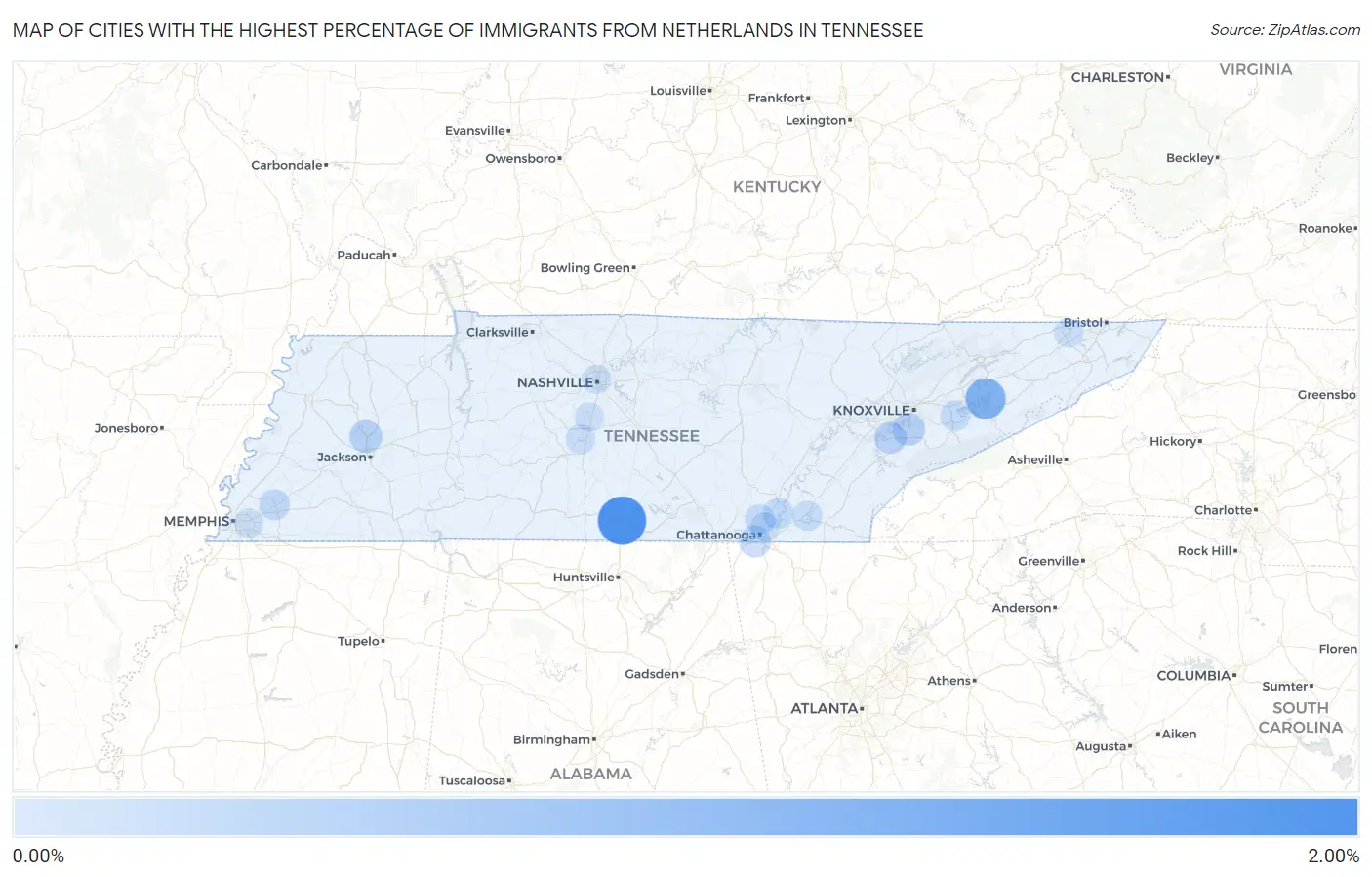 Cities with the Highest Percentage of Immigrants from Netherlands in Tennessee Map