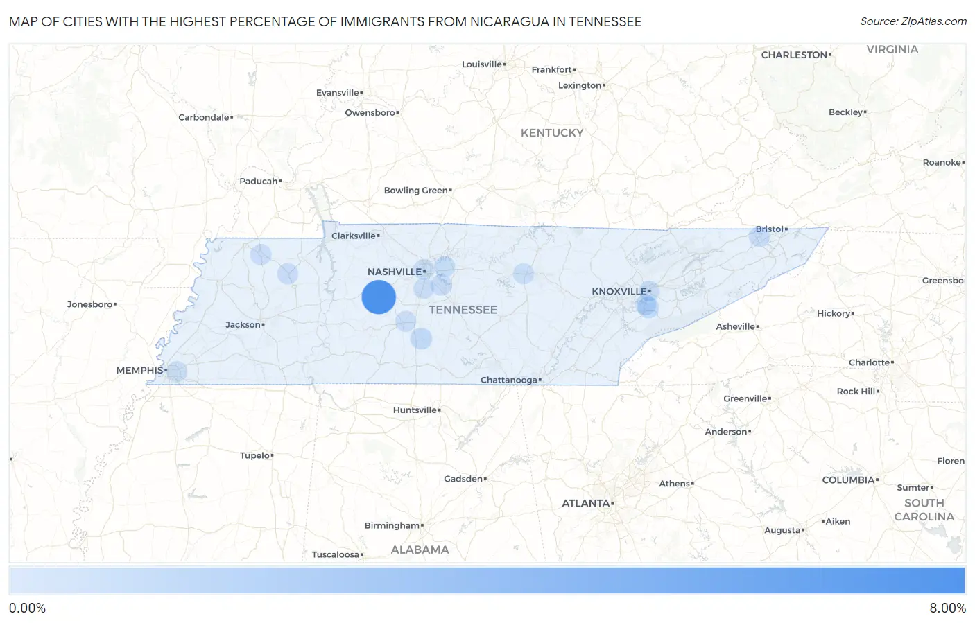 Cities with the Highest Percentage of Immigrants from Nicaragua in Tennessee Map
