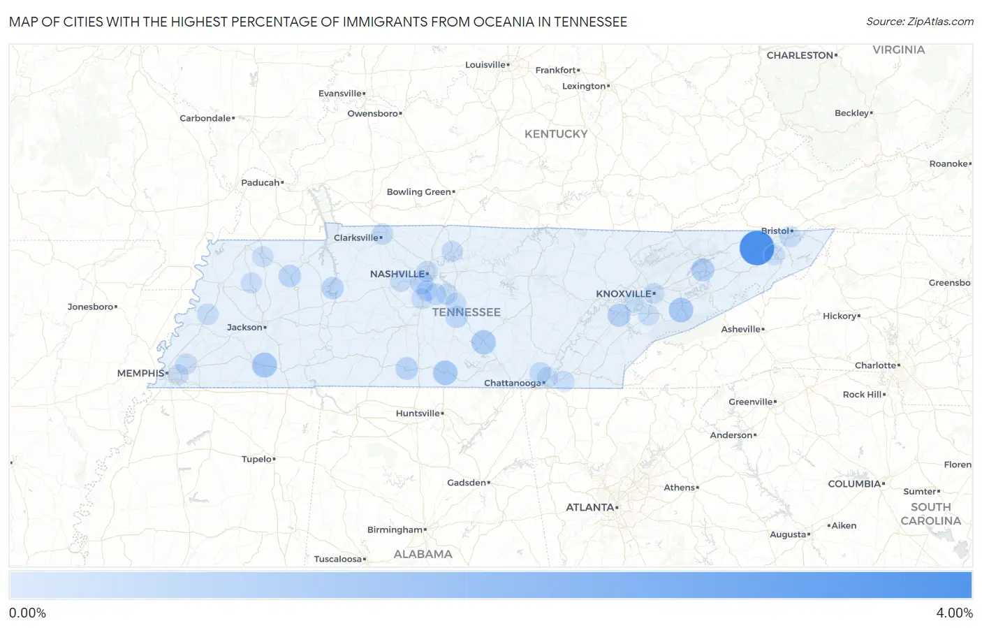 Cities with the Highest Percentage of Immigrants from Oceania in Tennessee Map