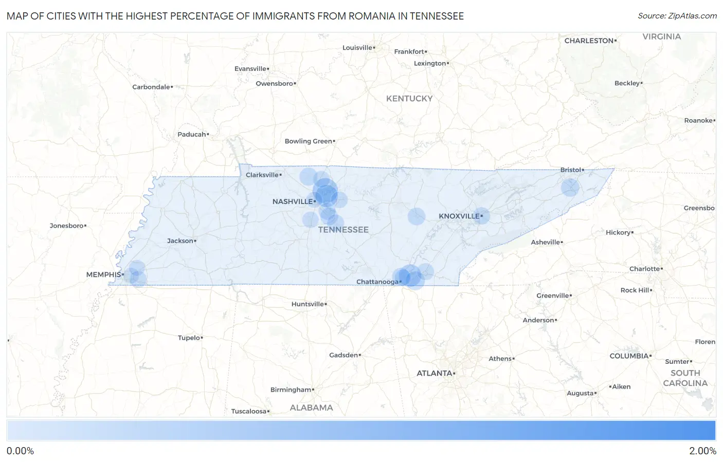 Cities with the Highest Percentage of Immigrants from Romania in Tennessee Map