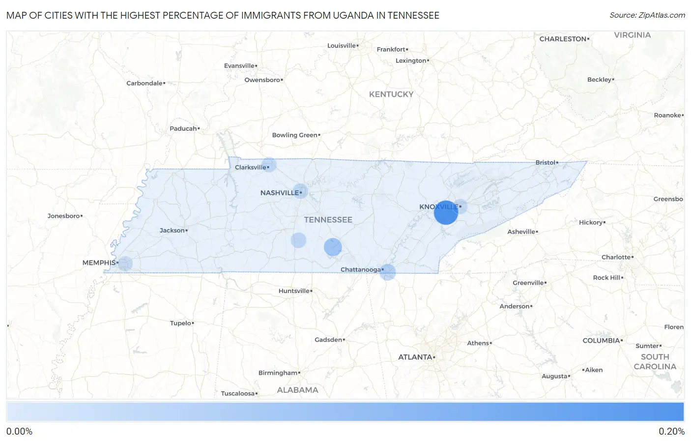 Cities with the Highest Percentage of Immigrants from Uganda in Tennessee Map