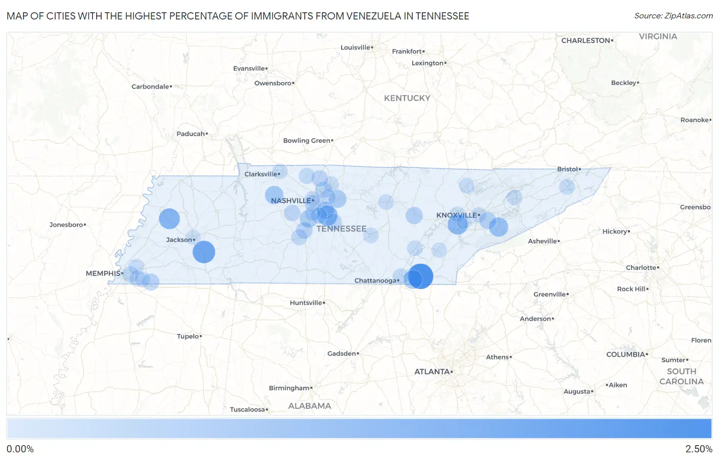 Cities with the Highest Percentage of Immigrants from Venezuela in Tennessee Map