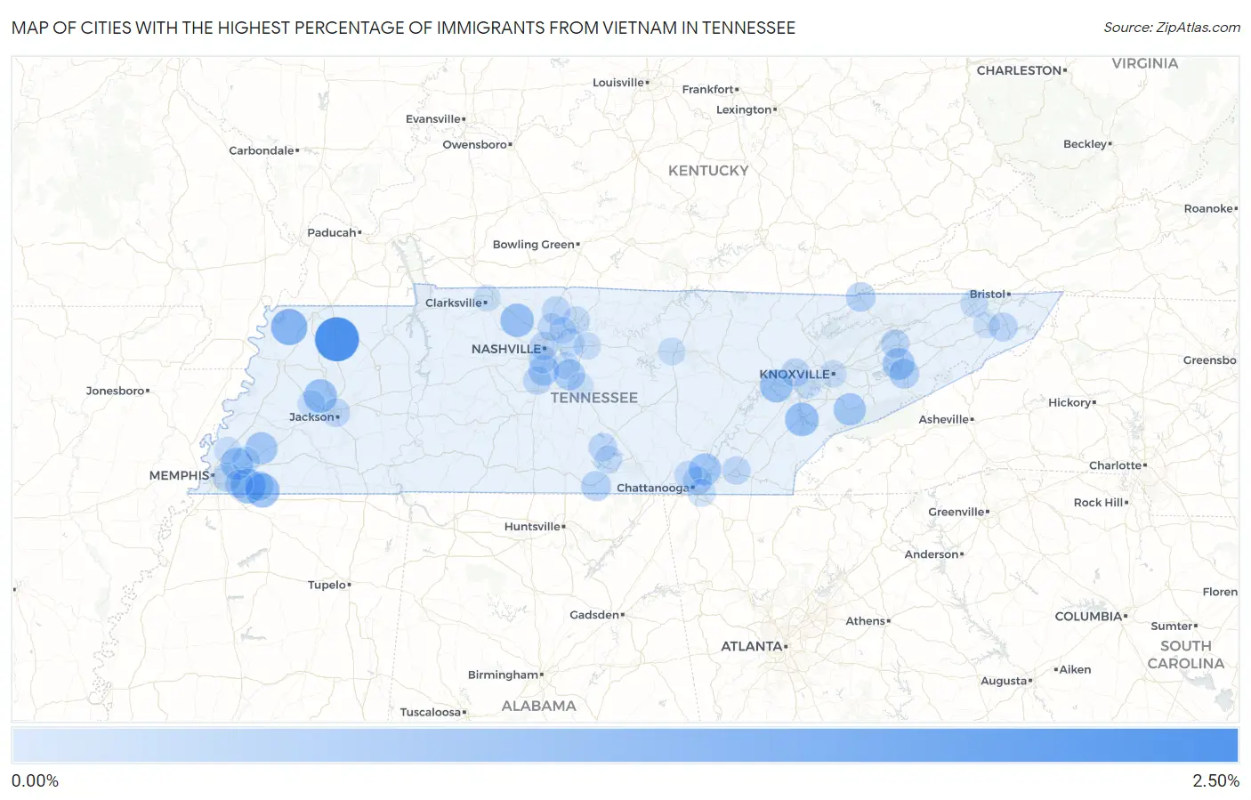Cities with the Highest Percentage of Immigrants from Vietnam in Tennessee Map